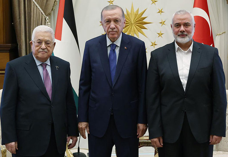 Türkiyə prezidenti Mahmud Abbas və İsmayıl Haniyə ilə görüşüb